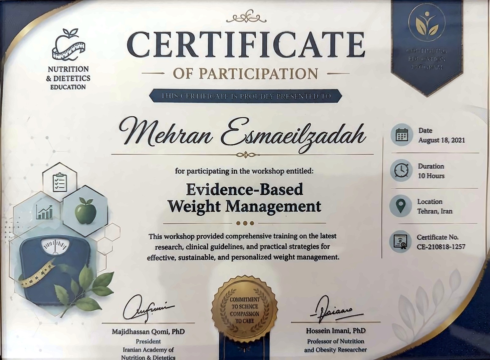 گواهی شرکت در کارگاه مدیریت وزن مبتنی بر شواهد